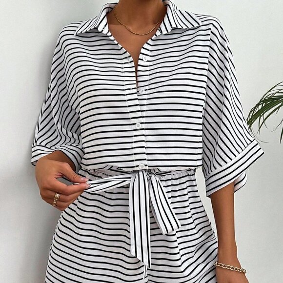 White Boho Women's Striped Batwing Sleeve Front Button Romper - Picture 2 of 5